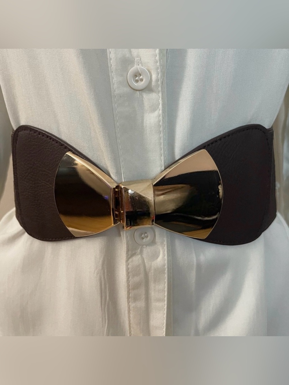 Dark brown gold tone bow buckle elastic waistband belt